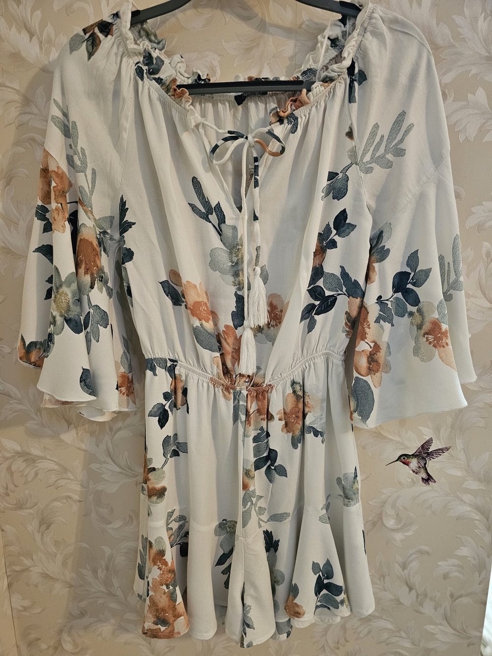 Floral Off-Shoulder Romper - White with Blue & Rust Floral